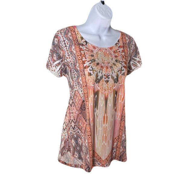 ONE WORLD Boho Printed Knit Flutter Sleeve T-Shirt Women’s Size S - Picture 1 of 11
